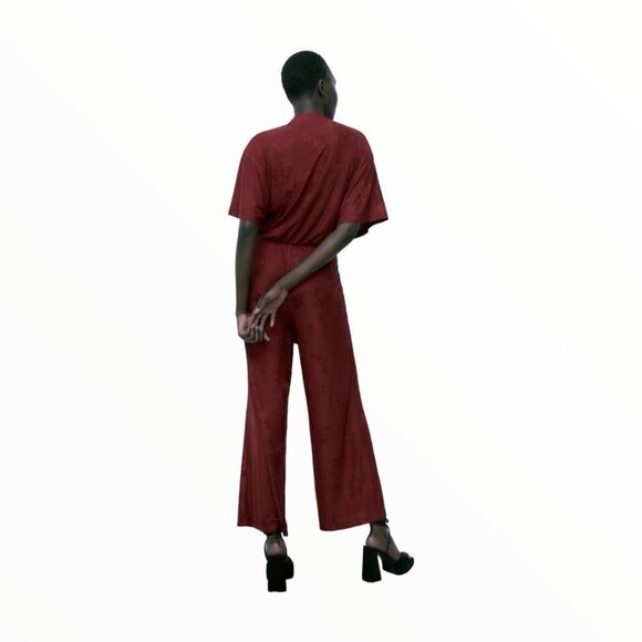 ZARA | Burgundy | SHORT SLEEVE JUMPSUIT WITH SURPLICE V-NECKLINE - Picture 5 of 15